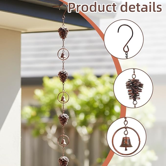 3.6ft Rain Chains for Gutters Aluminum, Outdoor Decorative Rainchain Heavy Duty Gutter Catcher Downspout Replacement, Durable Hanging Rain Gutter Chain for Eaves Drainage and Home Display (Pinecone)