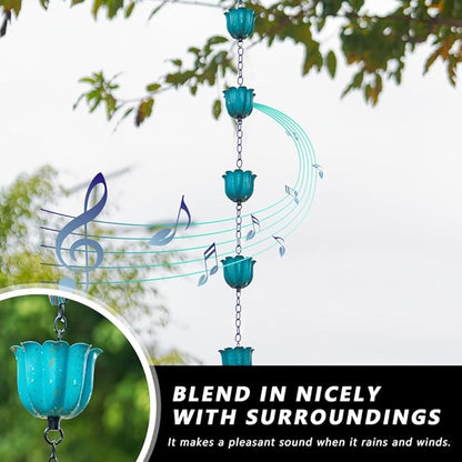 8.2ft Rain Chains for Outside, 10-Cup Lotus Rain Chain Replacement Downspout for Gutters, Eaves, Drainage, Adjustable Length(Light Blue)