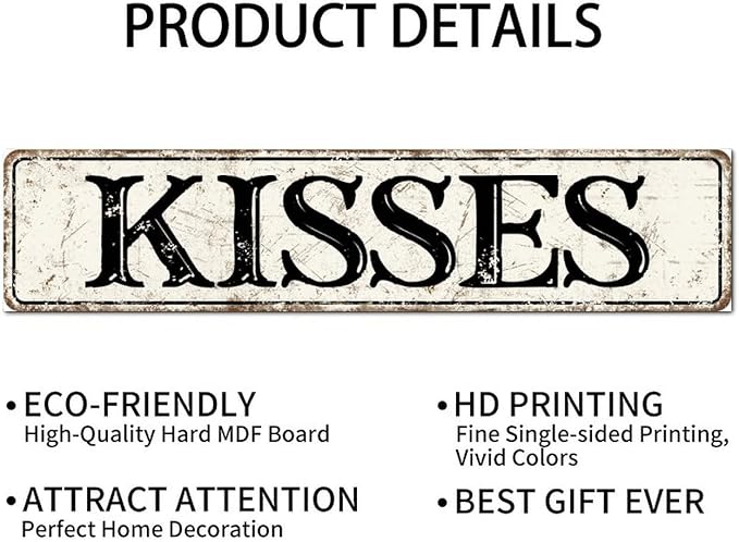 Madcolitote Ancient Retro Kisses Wood Sign Kisses Street Signs Rustic Wooden Wall Art Farmhouse Wall Decor Kitchen Wall Hanger Retro Decoration Sign Housewarming Gift 4x18in
