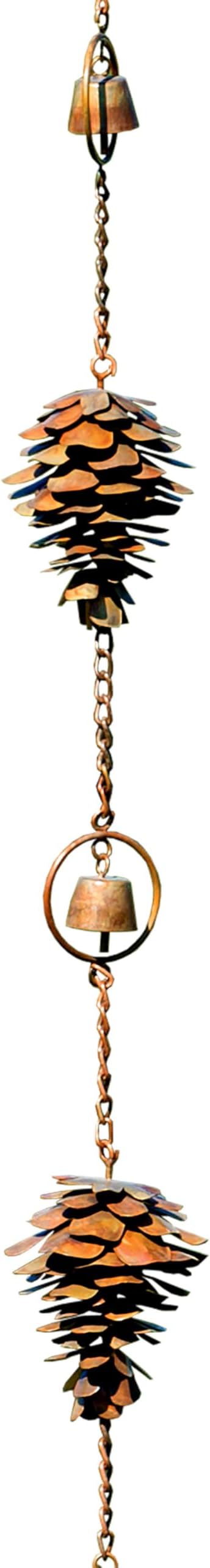 Ancient Graffiti Pine Cones and Bells Rain Chain, Flamed Copper Colored
