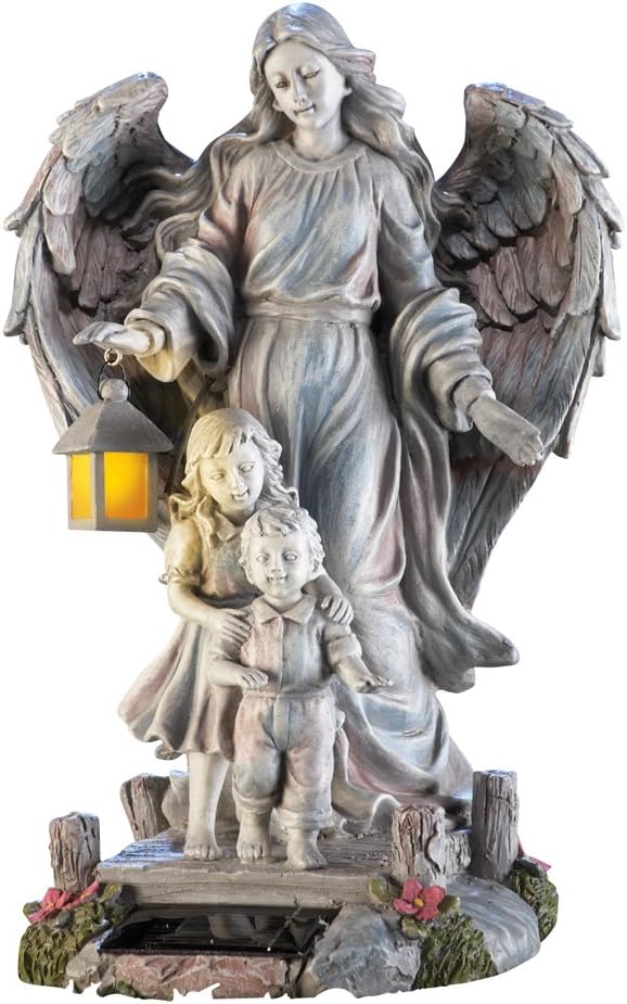 TRM Collections Etc Solar Guardian Angel & Children Garden Statue, Gray