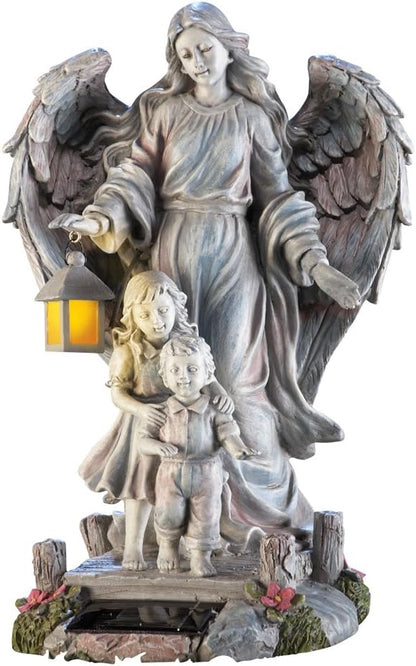 TRM Collections Etc Solar Guardian Angel & Children Garden Statue, Gray