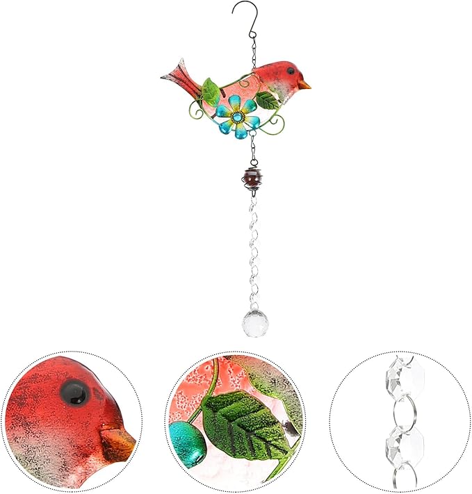 BESPORTBLE Creative Red Bird Hanging Ornament Glass and Iron Garden Statue Scene Tree Adornment Courtyard Decoration Stained Glass Window Hanging Art Craft