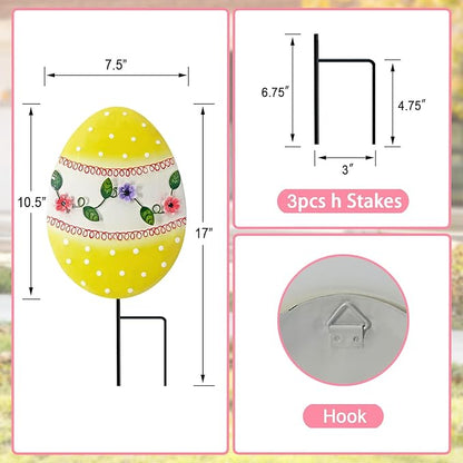 Easter Decorations Outdoor,3 Pack Metal Egg Yard Stake Signs for Outside,Cute Easter Happy Eggs Decorations Outdoor for Lawn,Garden Stakes for Spring