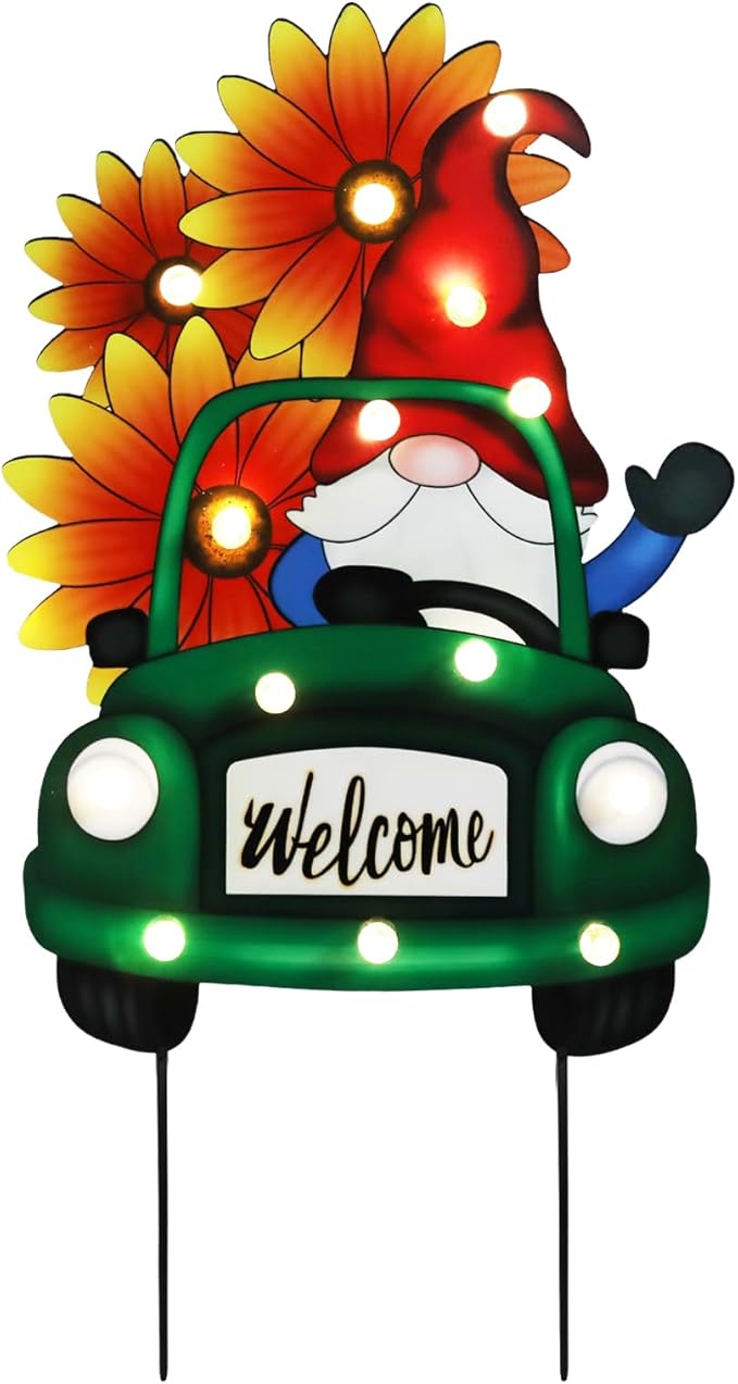 WONDER GARDEN Decorative Garden Stakes - Lighted Gnome Drive Truck Yard Sign Stakes with Sunflower, Spring Welcome Signs for Outdoor, Porch, Yard,Flower Bed Decor