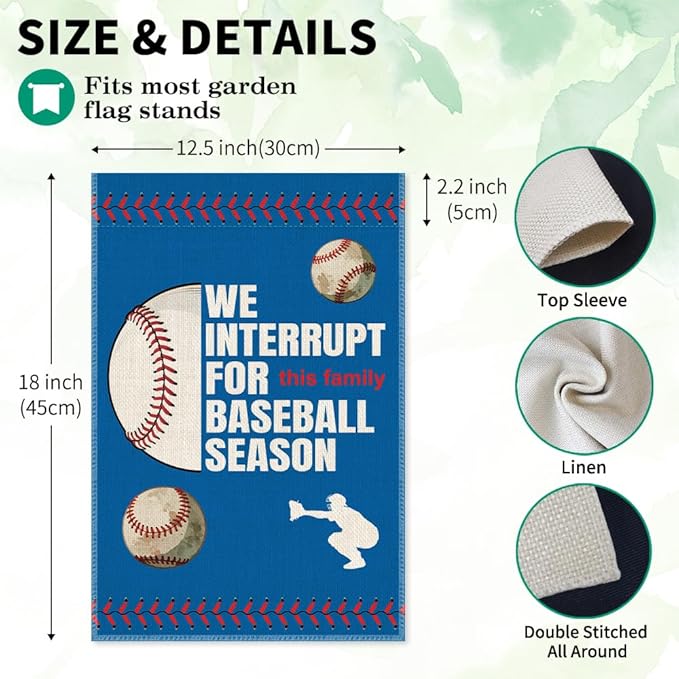 We Interrupt For This Family Baseball Season Fall Garden Flag, Double Sided Farmhouse Lawn Outdoor Decor Yard Flags, Funny Autumn Yard Flag Gifts for Baseball Lovers Families Friends