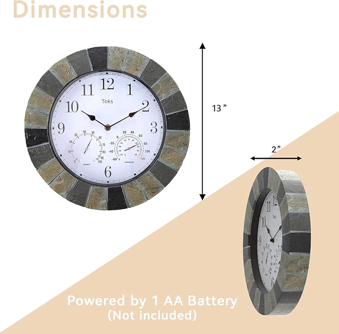 Lily's Home 13 Inch Wall Clock with Thermometer & Hygrometer - Indoor & Outdoor Hanging Clock with Temperature Humidity Gauge, Slate-Look Design for Patio, Garage & Living Room