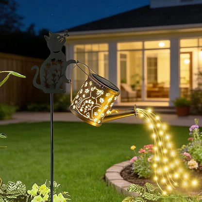 Solar-Powered Cat Watering Can Projection Lights with Metal Cat Statue Silhouette Pillar Garden Feature Light, for Christmas, Mother's Day, Birthday Gifts, Garden, Lawn, Courtyard Decorations.