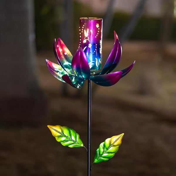 Stargarden Outdoor Wind Spinners with Solar Lantern, Solar Wind Sculptures & Spinners, Flower Shape Solar Windmill for Yard and Garden(Purple)
