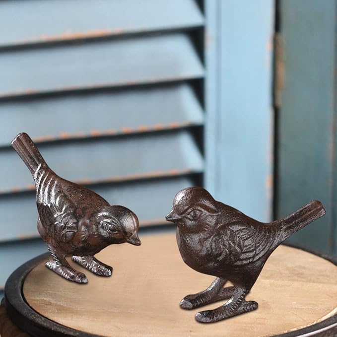 BRASSTAR Rustic Cast Iron Bird Statue Farmhouse Home Garden Decor Collectible Figurines Gift Replica Rust Color a Pair of Birds PTZD053