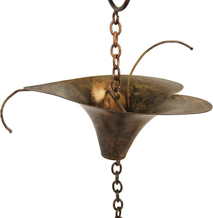 Ancient Graffiti Calla Lilies and Bells Rain Chain, Flamed Copper Colored