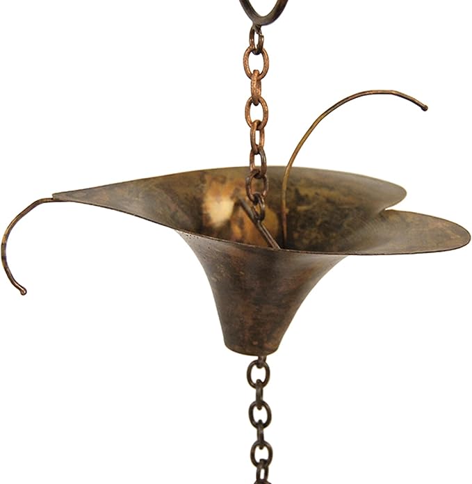 Ancient Graffiti Calla Lilies and Bells Rain Chains, Set of 2 Flamed Copper Colored Steel Downspout Replacements with Gutter Clips, 98 Inch Decorative Rain Catchers