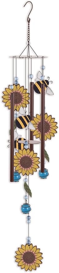 Sunset Vista Designs Windchimes - Rustic Metal Sunflower Wind Chime for Outdoors, 28" Long, Bumble Bee