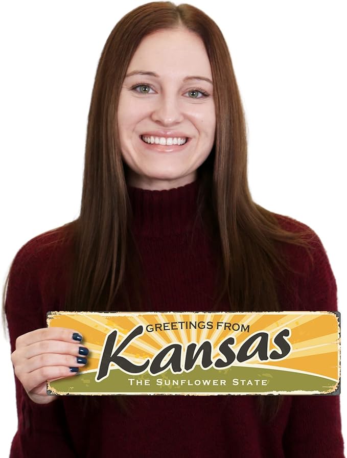 SmartSign 4 x 14 inch Greetings From Kansas State Vintage Metal Sign “Sunflower State”, 40 mil Rustproof Aluminum with Clear Overcoat, Retro Wall Décor, Multicolor, Made in USA
