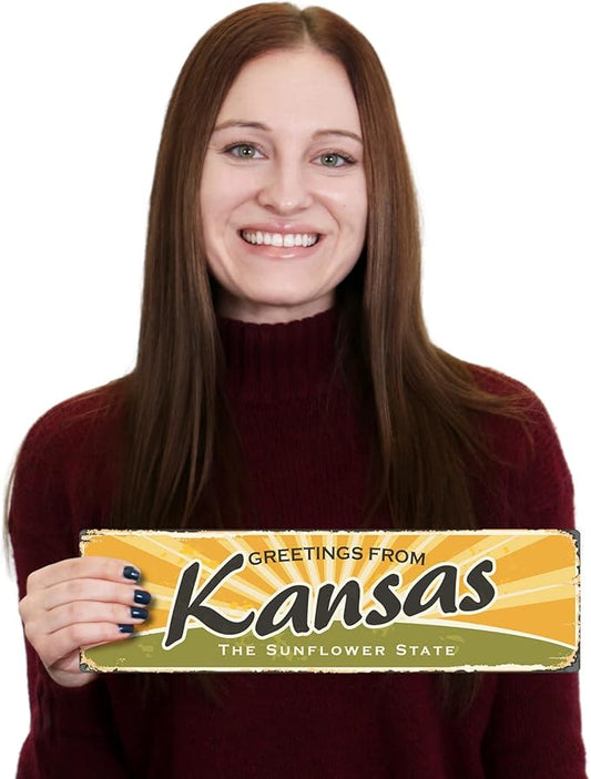 SmartSign 4 x 14 inch Greetings From Kansas State Vintage Metal Sign “Sunflower State”, 40 mil Rustproof Aluminum with Clear Overcoat, Retro Wall Décor, Multicolor, Made in USA