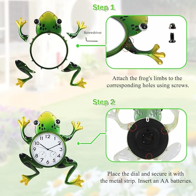 Large Outdoor Clock, Frog Outdoor Wall Clock with Thermometer & Humidity, Silent Non-Ticking Outside Clock for Patio, Living Room, Kitchen