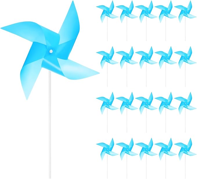 HARFINGTON 50pcs Windmills for The Yard Garden 17" x 11" 4 Leaves Pinwheels Wind Mills Spinners Windproof Waterproof Bird Devices with Stakes for Patio Decor, Light Blue