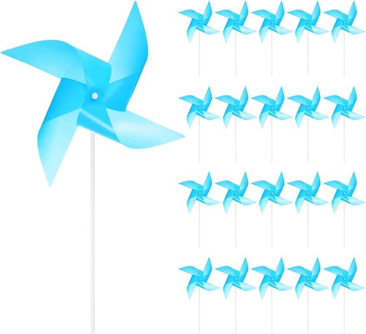 HARFINGTON 50pcs Windmills for The Yard Garden 17" x 11" 4 Leaves Pinwheels Wind Mills Spinners Windproof Waterproof Bird Devices with Stakes for Patio Decor, Light Blue