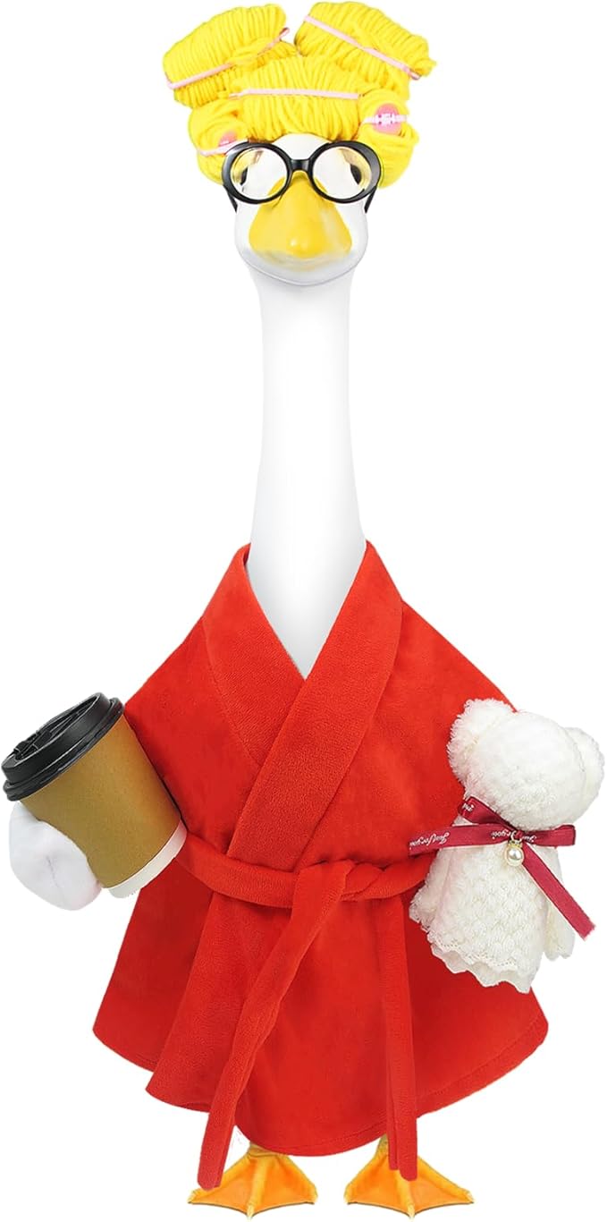 Lady Porch Goose Outfits,Bathrobe Porch Goose Statue Costume with Curlers Reading Glasses Coffee Cup Towel,Cute Goose Clothes for 23-Inch Cement Statue,Lawn Yard Garden Patio Decor（Red）