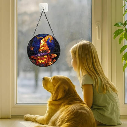 Stained Glass Window Hanging - 6.3in Halloween Pumpkin with Witch Hat and Autumn Leaves Sun Catchers Panel for Indoor Decorative Display for Mom, Wife, Lovers, Festive