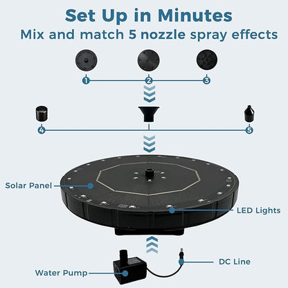 Solar Fountain for Bird Bath with Colorful LED Lights, Floating Solar Fountain, 3W Solar Powered Water Fountain Pump with Strong Spray & 5 Nozzles for Garden, Pond, Pool, 26 LED Lights