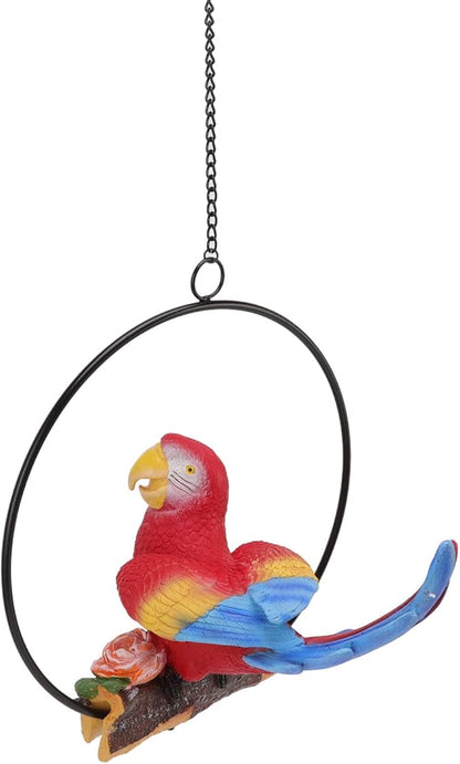 Hanging Iron Ring Parrots Statue, Garden Hanging Parrot Decor, Exquisite Resin Parrot Crafts with Metal Ring for Courtyard Balcony Lawn Outdoor Indoor Decoration