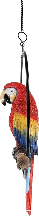 Ebros Patio Home Garden Hanging Scarlet Macaw Parrot Perching on Branch in Metal Round Ring Figurine Sculpture Nature Lovers Tropical Bird Collectors Decor 13.5" H