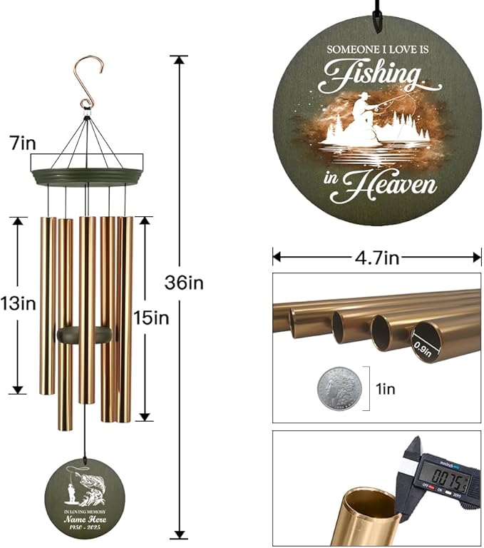 Memorial Wind Chimes Personalized, 36inch Sympathy Wind Chime, in Loving Memory for Loss of Loved Grandpa/Dad Loves Fishing, Fishing in Heaven, Memorial Gifts (Produced in USA)