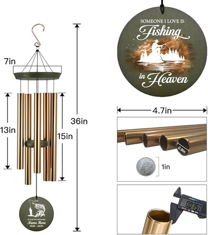 Memorial Wind Chimes Personalized, 36inch Sympathy Wind Chime, in Loving Memory for Loss of Loved Grandpa/Dad Loves Fishing, Fishing in Heaven, Memorial Gifts (Produced in USA)