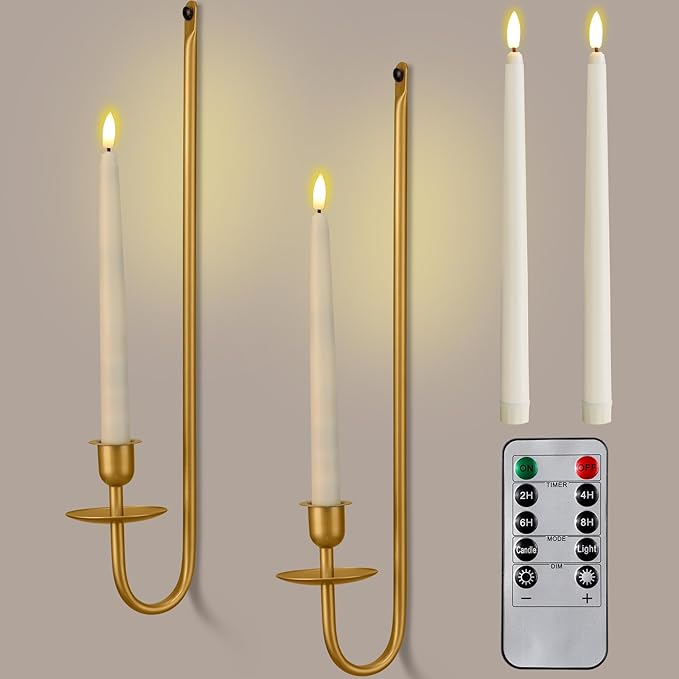 Tessco for you Metal Wall Mount Candle Sconces with 9.6" LED Flameless Taper Candles and Remote Timer 16.5" Wall Hanging Sconces Set for Living Room Fireplace Hallway Stairway(Gold,2 Set)