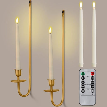 Tessco for you Metal Wall Mount Candle Sconces with 9.6" LED Flameless Taper Candles and Remote Timer 16.5" Wall Hanging Sconces Set for Living Room Fireplace Hallway Stairway(Gold,2 Set)