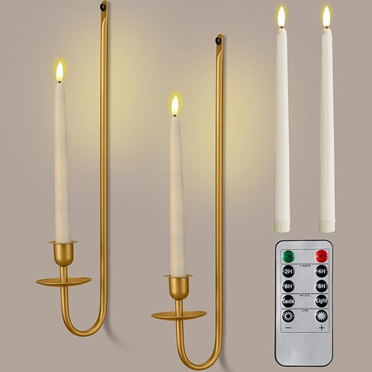 Tessco for you Metal Wall Mount Candle Sconces with 9.6" LED Flameless Taper Candles and Remote Timer 16.5" Wall Hanging Sconces Set for Living Room Fireplace Hallway Stairway(Gold,2 Set)