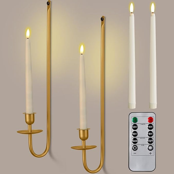Tessco for you Metal Wall Mount Candle Sconces with 9.6" LED Flameless Taper Candles and Remote Timer 16.5" Wall Hanging Sconces Set for Living Room Fireplace Hallway Stairway(Gold,2 Set)