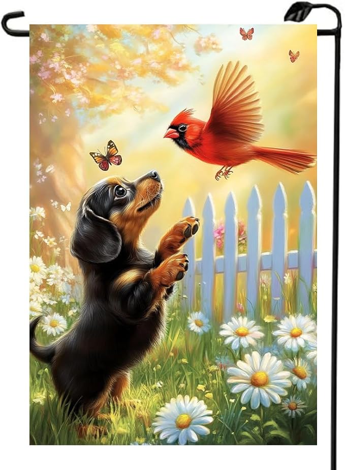 Spring Summer Garden Flags for Outside 12x18 Double Sided, Small Burlap Black Dachshund Dog Cardinal Floral Garden Flag Spring Summer Outdoor Yard Decorations