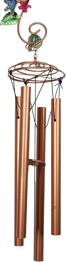 Ebros Gift Birds of Nature Hummingbird Hovering Nectar Flowers Art Glass Gemstones and Metal Resonant Wind Chime 32" High Copper Rods Hanging Mobile Home Patio Garden Decor