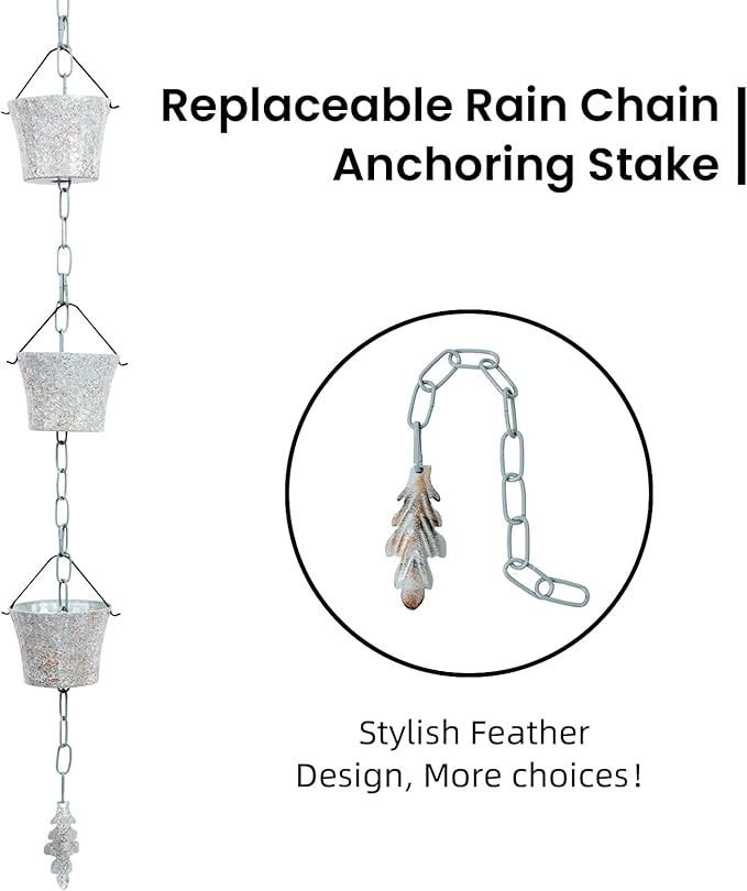 Rain Chain for Gutters with Adapter,Wrought Iron Rain Chains Set 8.5 Ft,Not Rust, Gotta Drain with Metals Anchoring Stake, 14 Cups, 1 Hook, Adjustable Gutter Downspout for Outdoor(Cyan)