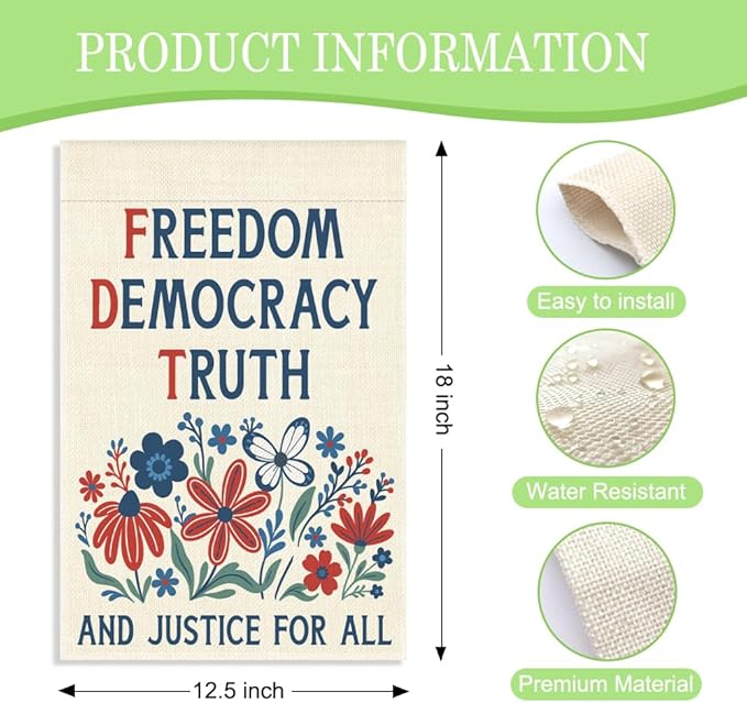 Freedom Democracy Truth and Justice for All Garden Flag, 12 x 18 Inch Double Sided Floral Outdoor Patio Garden Decor, Patriotic Yard Banner for Civic Engagement Advocate 4th of July Homeowner