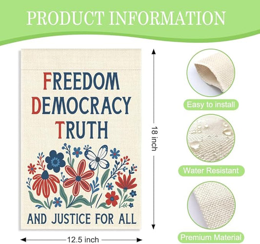 Freedom Democracy Truth and Justice for All Garden Flag, 12 x 18 Inch Double Sided Floral Outdoor Patio Garden Decor, Patriotic Yard Banner for Civic Engagement Advocate 4th of July Homeowner