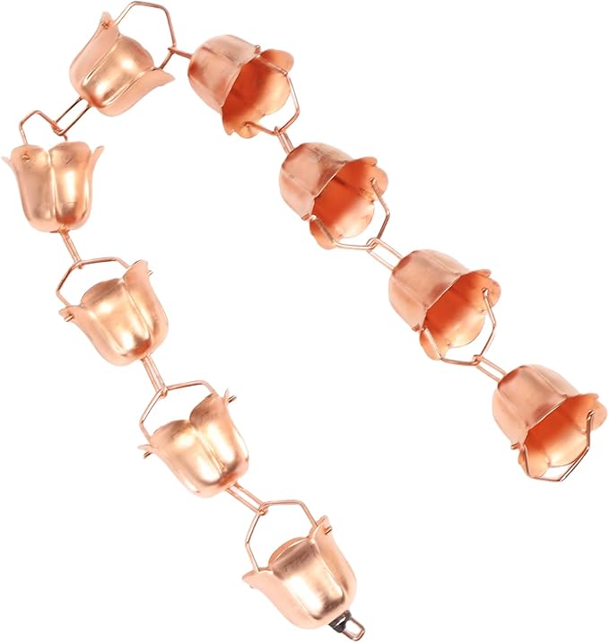Hanging Rain Chain Copper 1m Elegant Weatherproof Garden Decoration with Floral Cups - Efficient Water Management, Expandable Design, Ideal for Yard and Temple (Morning Glory Shaped)