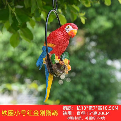 Mini Garden Statues Hanging Iron Ring Parrots, Resin Parrot Hanging Statue, Hanging Birds Figurine for Pathways Yard Patio Office Home Indoor Outdoor Tree Decorations (A-1)