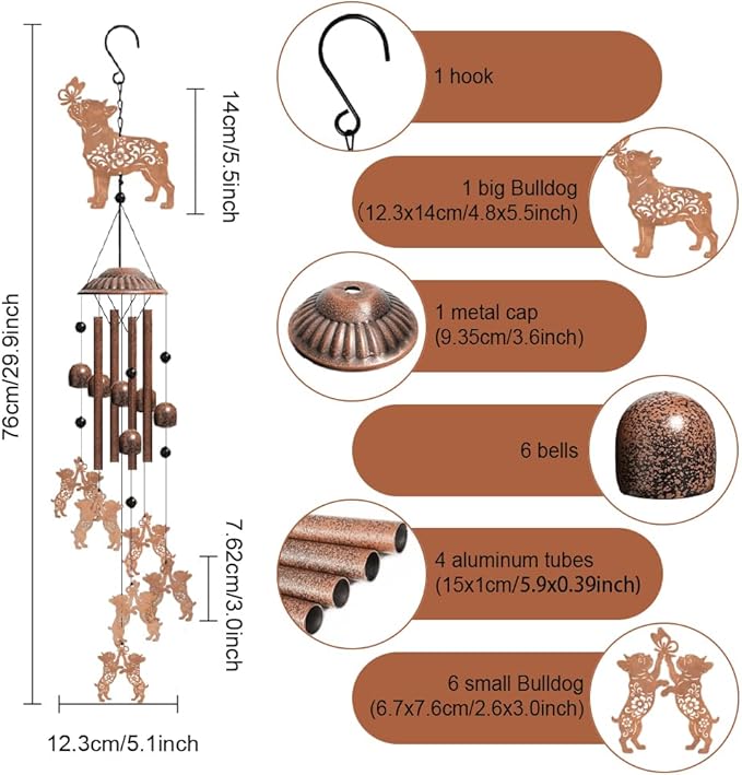 OLYCRAFT Bulldog Dog Wind Chimes Outdoors Wind Chime Sympathy Memorial Windchime Iron Windchime Memorial Presents Butterfly Hanging Windbell for Patio Backyard Home Garden Pendant Decoration