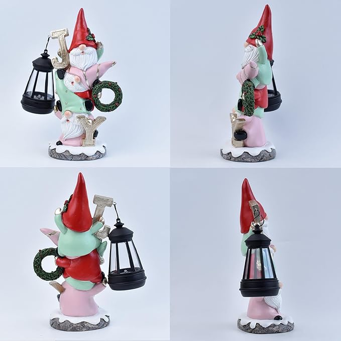 Garden Gnome Statue with Solar Lights, Funny Triple Gnome Holding Joy Outdoor Resin Sculptures Decor for Home Patio Lawn Yard Porch Balcony, Housewarming Birthday Gifts