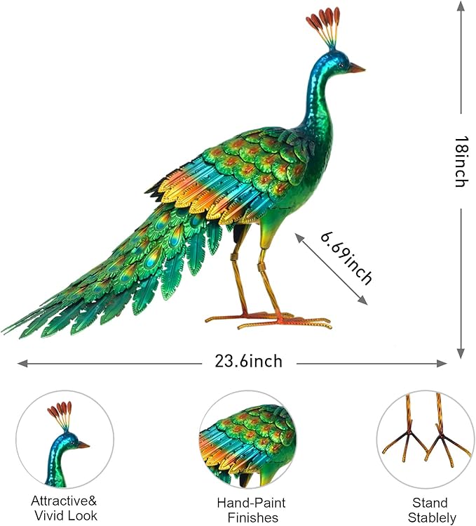 chisheen Metal Peacock Statue Garden Decor Yard Art Sculpture Outdoor Decoration for Lawn,Patio,Backyard,Housewarming Birthday Gifts for Women,Mom,Grandma (Green)