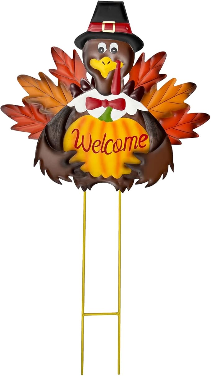 Autumn Metal Garden Stakes, Fall Harvest Thanksgiving Metal Pumpkin Welcome Sign with Turkey Stakes Yard Decorations 28.5''H, Garden Patio Lawn Yard Decor Fall Harvest Thanksgiving Outdoor Decorations