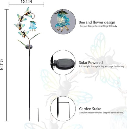 Bshine Solar Flower Outdoor Waterproof Bee Lights, Valentine's Day Garden Decorative Metal Stake Bee Hanging Flower, Yard Decorations Outdoor Patio, Courtyard, Pathway and Lawn Ornaments