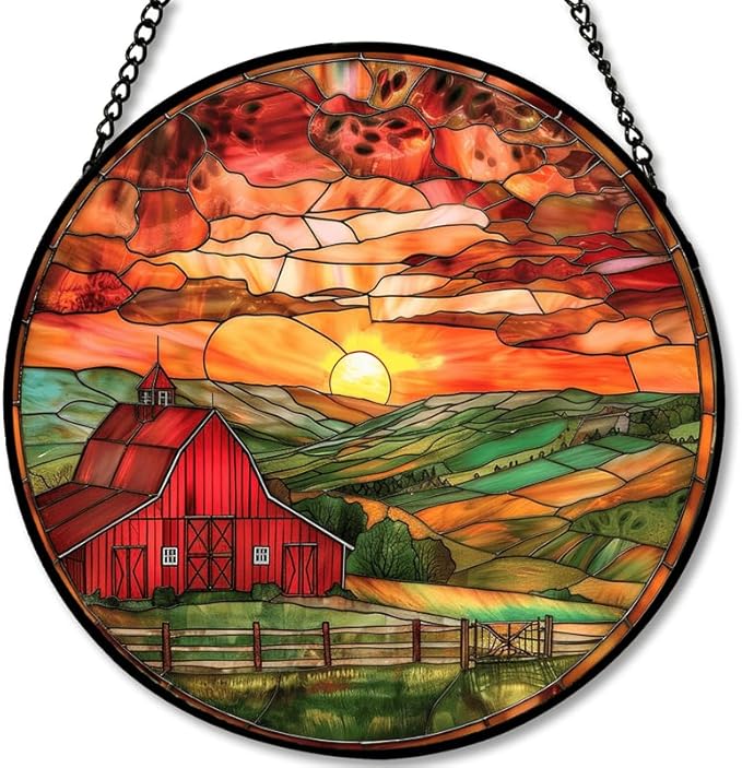 Stained Glass Window Hanging - 7.8in Barn Farmhouse at Sunset Sun Catchers Indoor Stained Glass Panels Wall Decor for Mom，Wife，Lovers，Festive