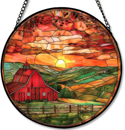 Stained Glass Window Hanging - 7.8in Barn Farmhouse at Sunset Sun Catchers Indoor Stained Glass Panels Wall Decor for Mom，Wife，Lovers，Festive