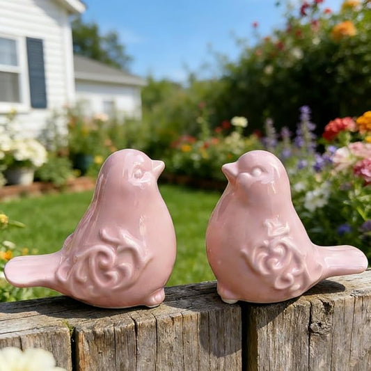 2PCS Ceramic Bird Figurines Decorative Bird Ornaments Statue for Home Garden Decor (Pink)