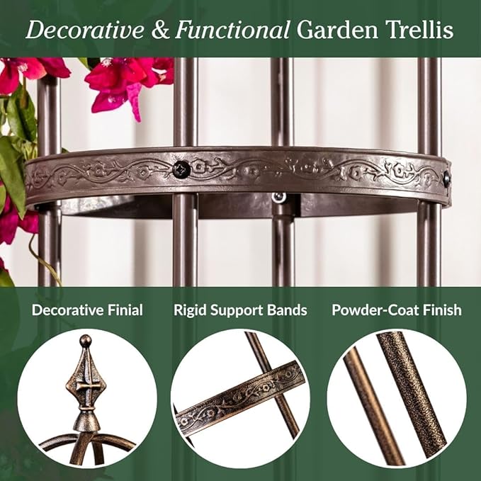 Plow & Hearth Metal Garden Obelisk | Indoor/Outdoor | Powder-Coated Steel | Trellis for Climbing | Floral Pattern | 11" Dia. x 8'H | Bronze
