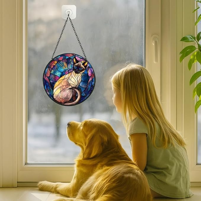 Stained Glass Window Hanging - Halloween Siamese Cat， 7.8in Sun Catchers Panel for Indoor Decorative Display for Mom， Wife， Lovers， Festive